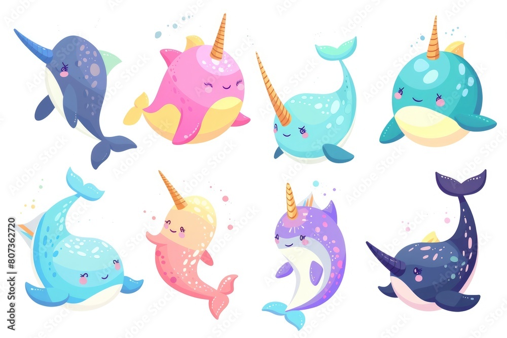 Obraz premium A collection of cute and colorful cartoon narwhals. Great for children's illustrations or marine life designs