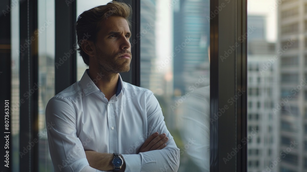 Fototapeta premium A man standing with arms crossed by a window. Suitable for business concept