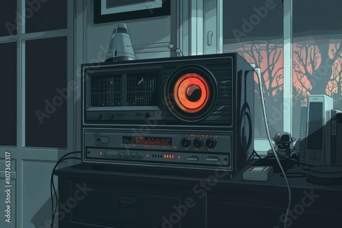 A radio sitting on a dresser next to a window. Ideal for interior design concepts