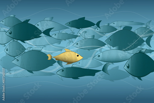 Motivation society poster with fish, move against the crowd, to be different, unique personality or standing out from the crowd, leadership quality. © RomanWhale studio
