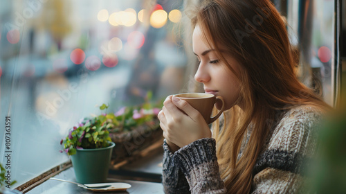 Mulher tomando uma xícara de café em uma cafetaria ao lado de uma janela - wallpaper HD photo
