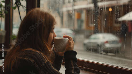 Mulher tomando uma xícara de café em uma cafetaria ao lado de uma janela - wallpaper HD photo
