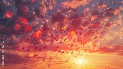 A flock of birds flying in the sky at sunset. Perfect for nature and wildlife concepts
