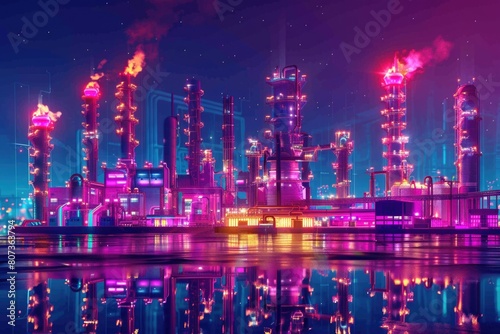 A cityscape at night with neon lights reflecting in the water. Suitable for urban, nightlife, and cityscape themes