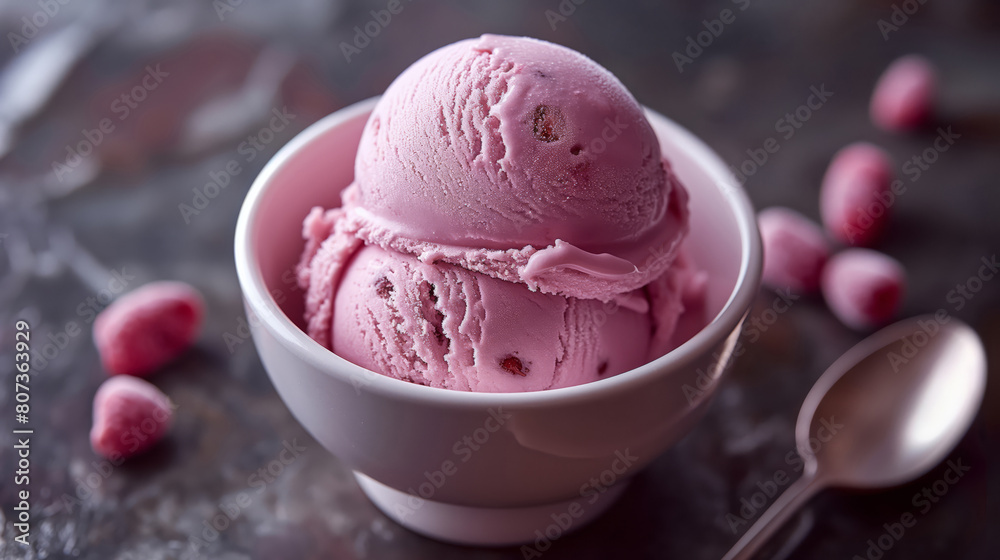 Soft Pink Strawberry Ice Cream in Porcelain Bowl Soft Pink Strawberry Ice Cream in Porcelain Bowl