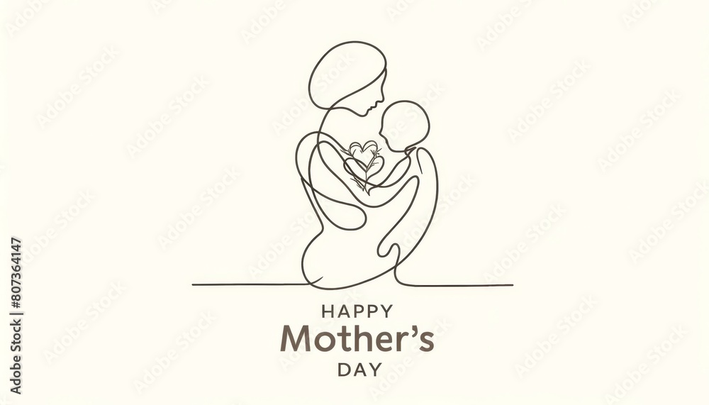 Obraz premium Minimalist oneline drawing depicting a mother embracing her child. For Mothers Day cards, gifts or promotional materials.