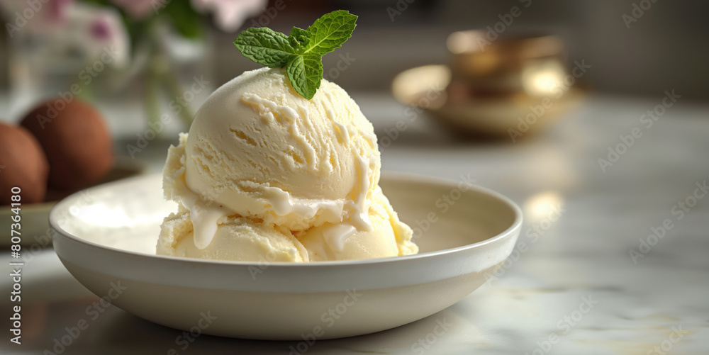 Classic Vanilla Ice Cream Scoop Garnished with Fresh Mint Classic Vanilla Ice Cream Scoop Garnished with Fresh Mint