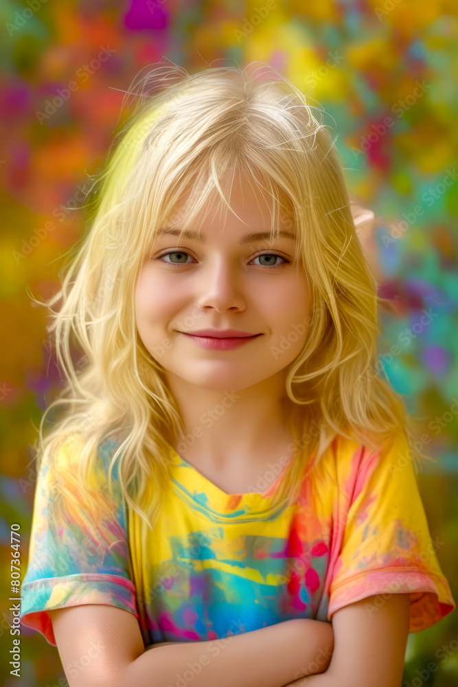 Fototapeta premium A young blonde girl is wearing a colorful tie dye shirt and smiling