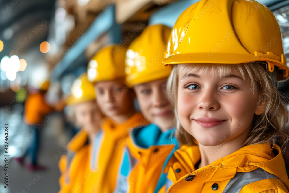 A group of children wearing yellow hard hats are smiling for the camera A group of children wearing yellow hard hats are smiling for the camera