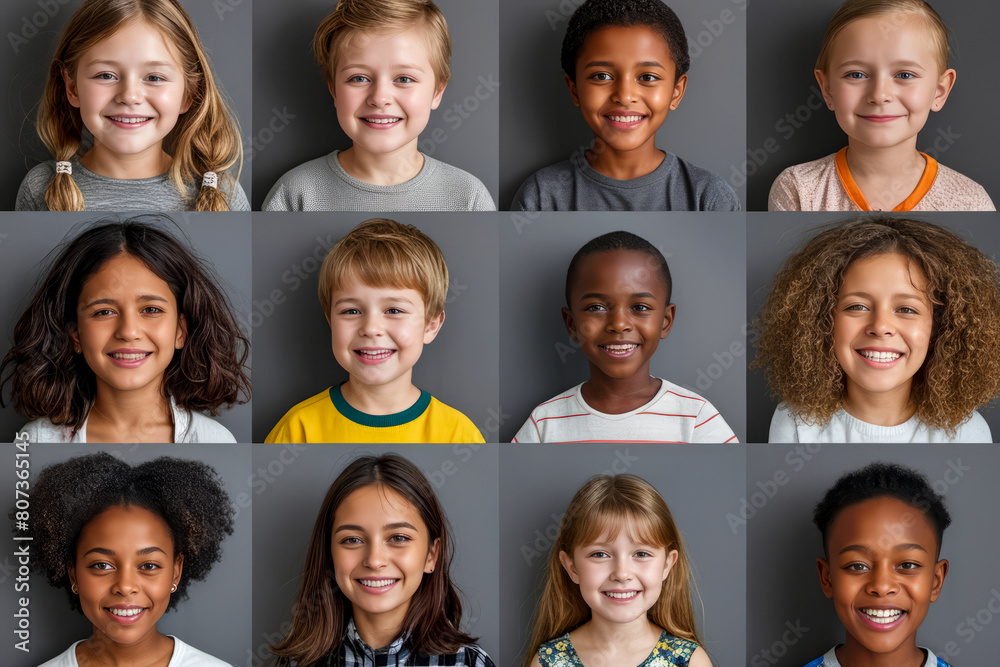 Series of photos of group of children with different hair styles and facial expressions. Series of photos of group of children with different hair styles and facial expressions.