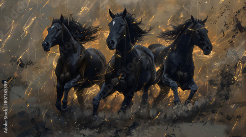Oil painting of three black horses running, with a gold and beige color palette  © PixelStock