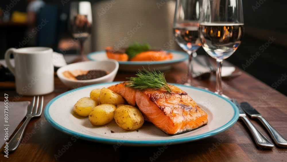 grilled salmon with potatoes on a plate in restaurant grilled salmon with potatoes on a plate in restaurant