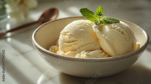 Single Scoop Of Vanilla Ice Cream In Ceramic Bowl With Mint