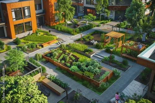 Innovative multifamily home courtyard design  integrating green spaces  a shared vegetable garden  and a playground.