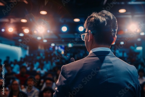 Businessman Delivering Dynamic Presentation at Investor Roadshow in Packed Auditorium