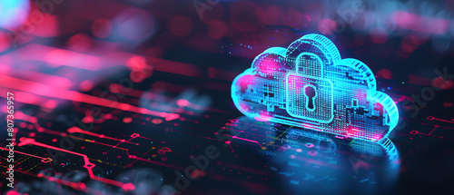 concept for cloud security services, stylized cloud icon integrated with a secure padlock symbol, representing data protection and cybersecurity in cloud computing environments, with empty copy space #807365957