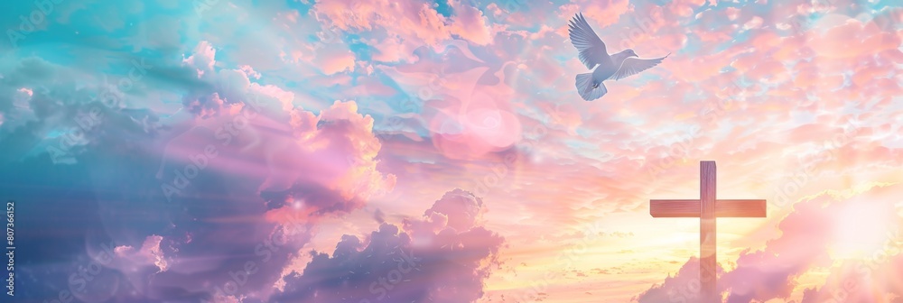 The cross of Jesus Christ with a dove flying in the sky at sunset, a concept background banner for Easter celebration and Bible study Generative AI The cross of Jesus Christ with a dove flying in the sky at sunset, a concept background banner for Easter celebration and Bible study Generative AI