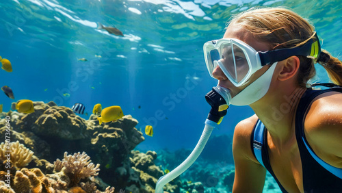 Young woman diver snorkeling in the tropical coral reef in the sea underwater