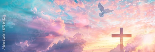 The cross of Jesus Christ with a dove flying in the sky at sunset, a concept background banner for Easter celebration and Bible study Generative AI