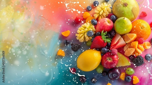 Lush Fruit Fusion in Vibrant Splash Arrangement Against Colorful Background