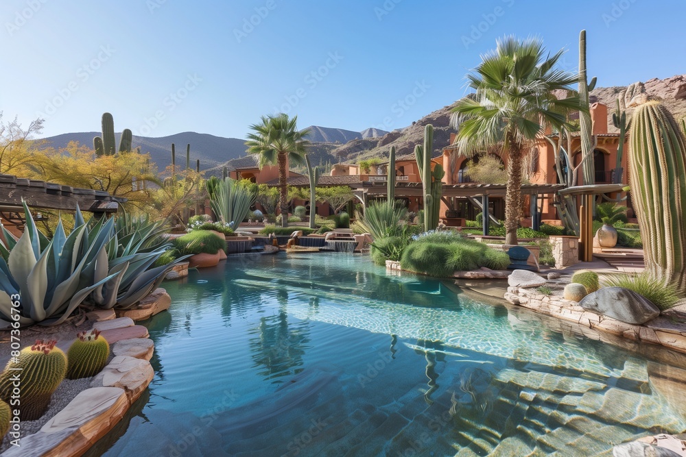 Fototapeta premium Luxurious desert haven with a sprawling lagoon-style swimming pool, nestled among native cacti and palm trees.