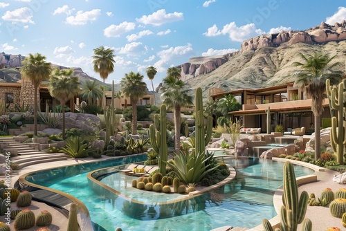 Luxurious desert haven with a sprawling lagoon-style swimming pool  nestled among native cacti and palm trees.