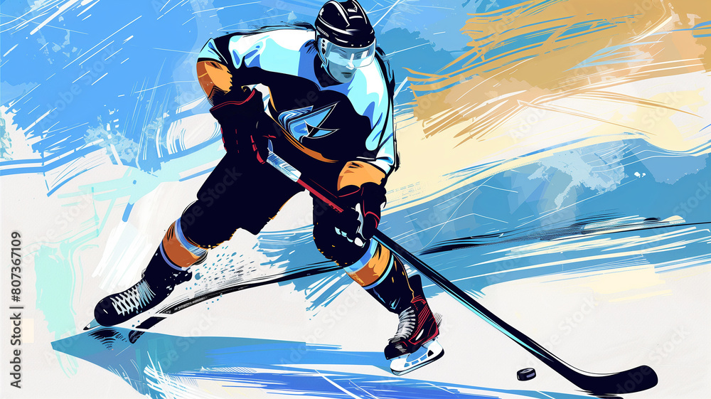 Obraz premium Drawing of a hockey player with a puck during a game