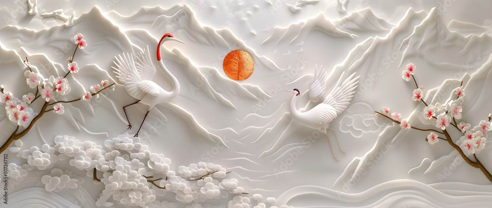 3D wallpaper, mountains and crane in the style of relief sculpture