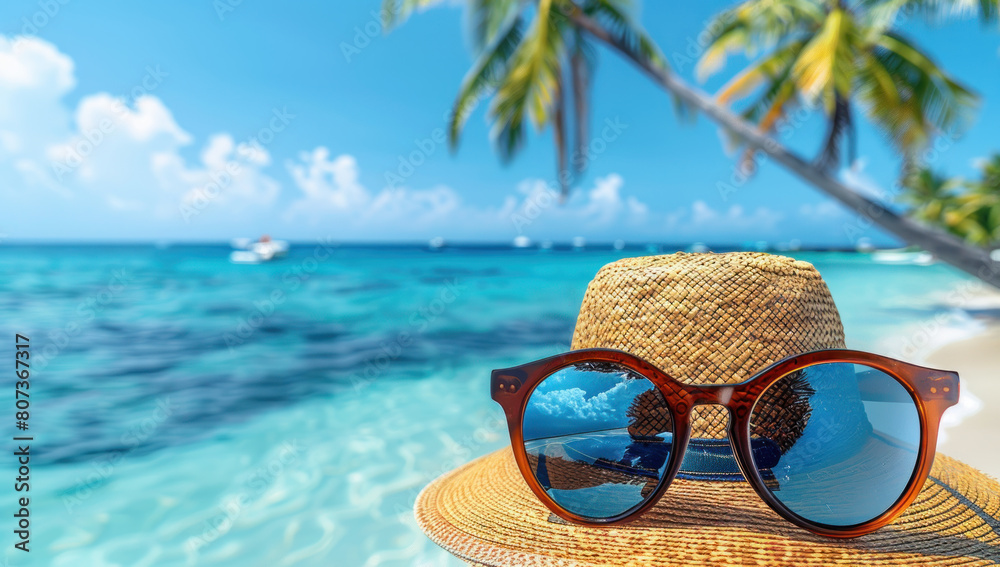 Straw hat and sunglasses tropical beach background. Beautiful summer vacation set. Relaxation and travel with stylish swimwear, palm, and ocean water. Nature blue sky. Weekend