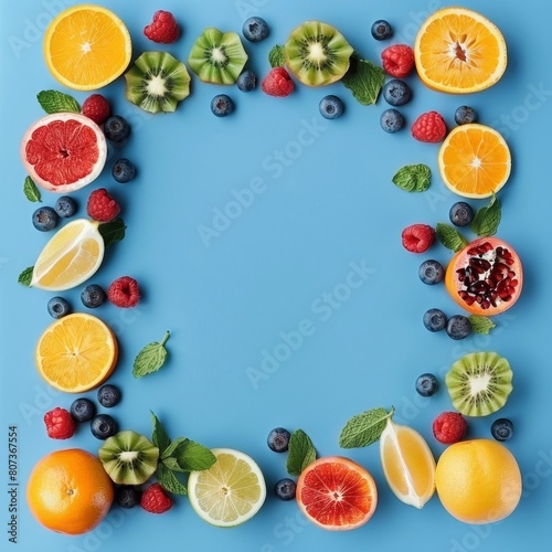 Vibrant Fruit Arrangement on Striking Blue Background with Copy Space for Recipes or Messages