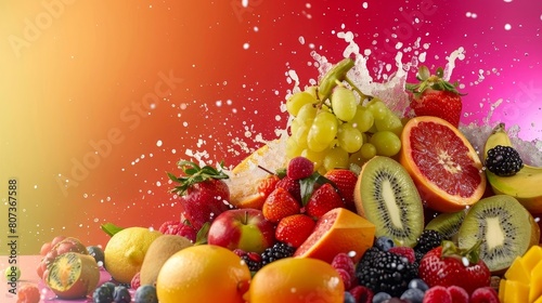 Vibrant Fruit Splash - Assortment of Fresh,Colorful Produce Against Multicolored Backdrop