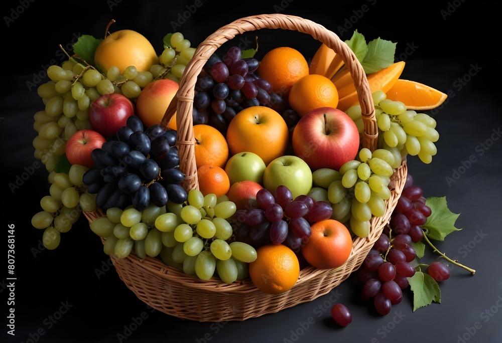A wicker basket filled with an assortment of fresh fruits , including grapes, apples, oranges , against a dark background A wicker basket filled with an assortment of fresh fruits , including grapes, apples, oranges , against a dark background
