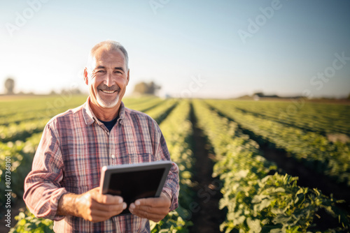 Caucasian Farmer man using digital tablet with over greenery vegetable field background, nature. Agricultural business payments, analytics. Harvest crop statistic, monitoring store app, forecast