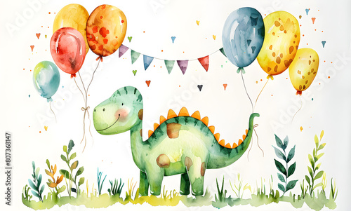 Watercolor illustration of cute dinosaur with colorful balloons  suitable for greeting cards  posters  banners  and children s events.