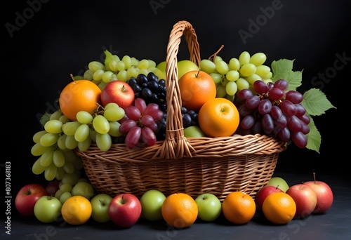  A wicker basket filled with an assortment of fresh fruits   including grapes  apples  oranges   against a dark background