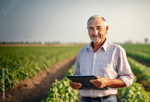 Caucasian Farmer man using digital tablet with over greenery vegetable field background  nature. Agricultural business payments  analytics. Harvest crop statistic  monitoring store app  forecast