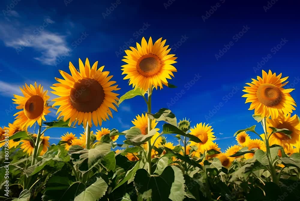 A vibrant field of golden sunflowers under a bright blue sky, interspersed with lush green foliage. The warm summer sun casts a soft glow, enhancing the vivid yellow petals and serene natural scenery A vibrant field of golden sunflowers under a bright blue sky, interspersed with lush green foliage. The warm summer sun casts a soft glow, enhancing the vivid yellow petals and serene natural scenery
