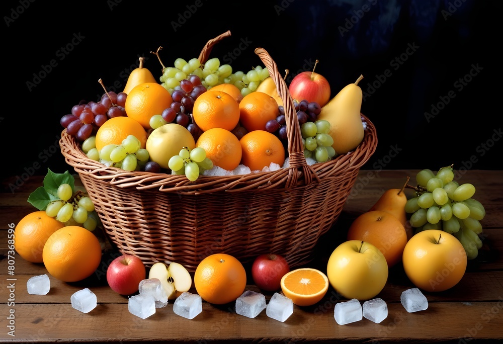  A wicker basket filled with an assortment of fresh fruits , including grapes, apples, oranges , against a dark background