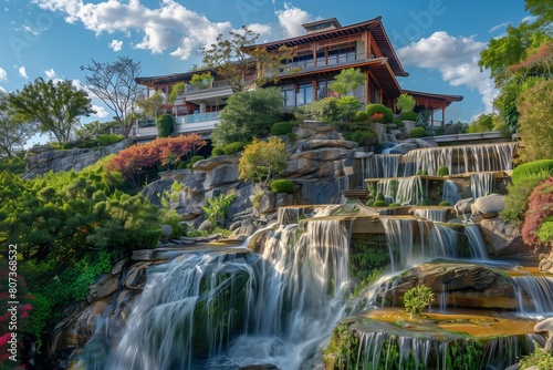 Luxurious estate perched atop a hill, with a private waterfall creating a backdrop of natural beauty