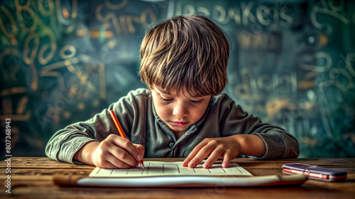 A boy is writing in a notebook