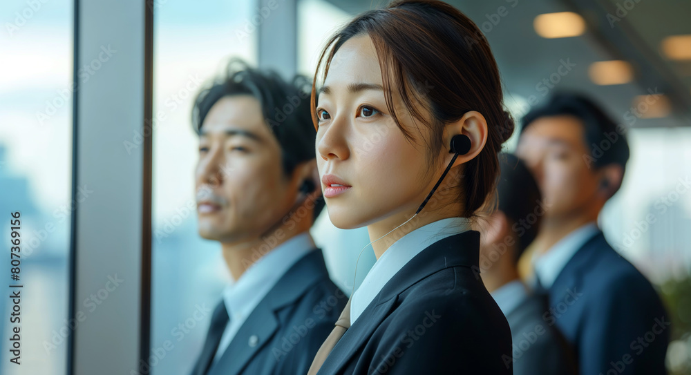Focused Asian business team with headsets in corporate office. Focused Asian business team with headsets in corporate office.