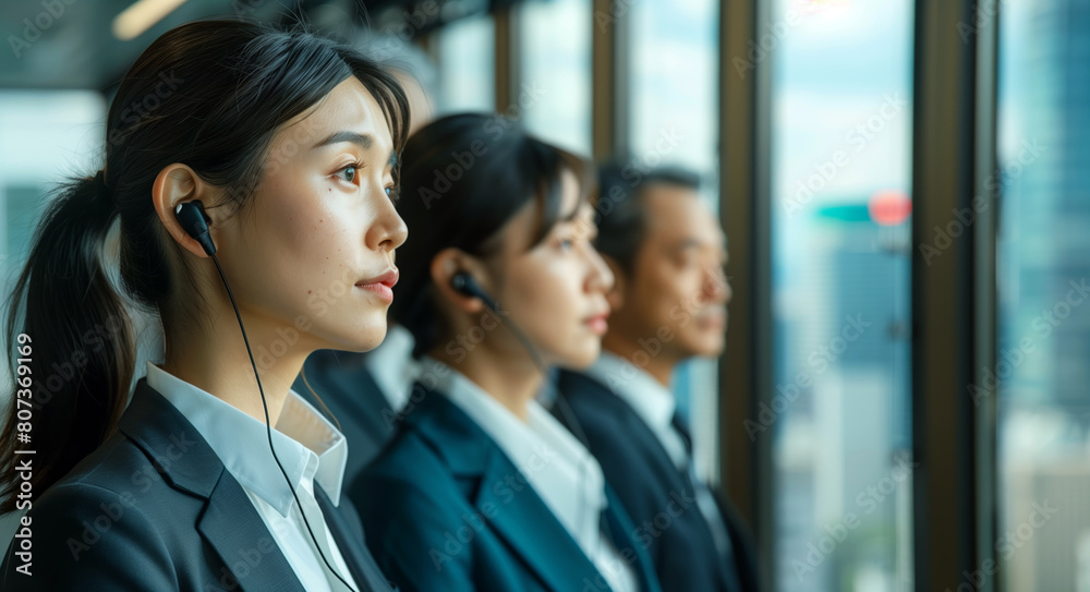 Obraz premium Professional Asian customer service team in modern office.