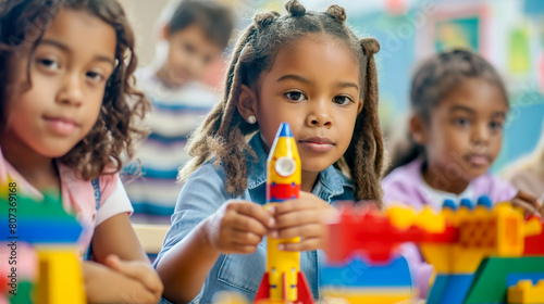 Group of diverse children deeply focused on assembling building blocks in a classroom.