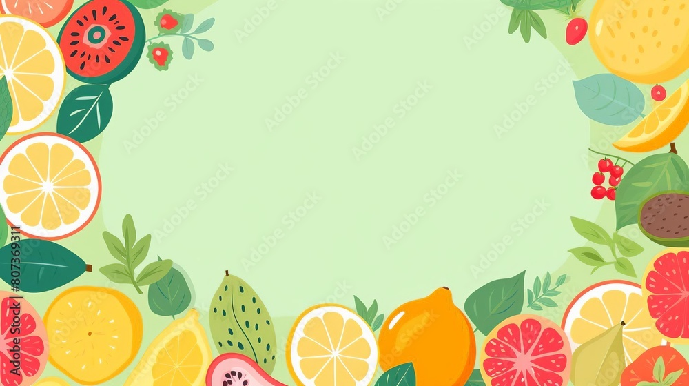 A colorful fruit and vegetable design with a green background A colorful fruit and vegetable design with a green background