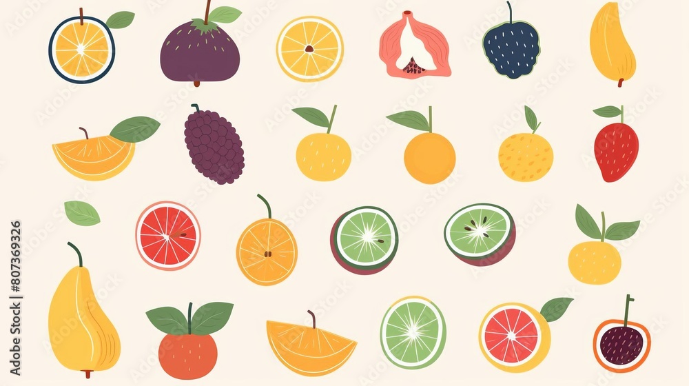 A collection of fruit with a variety of colors and shapes A collection of fruit with a variety of colors and shapes