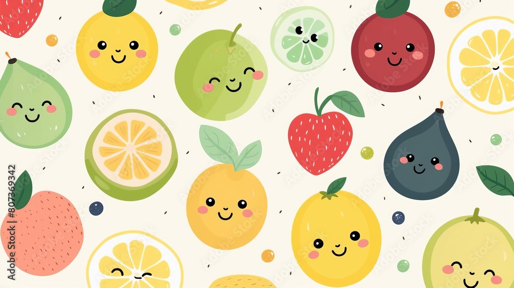 A cartoon drawing of various fruits, including oranges, apples, and strawberries A cartoon drawing of various fruits, including oranges, apples, and strawberries