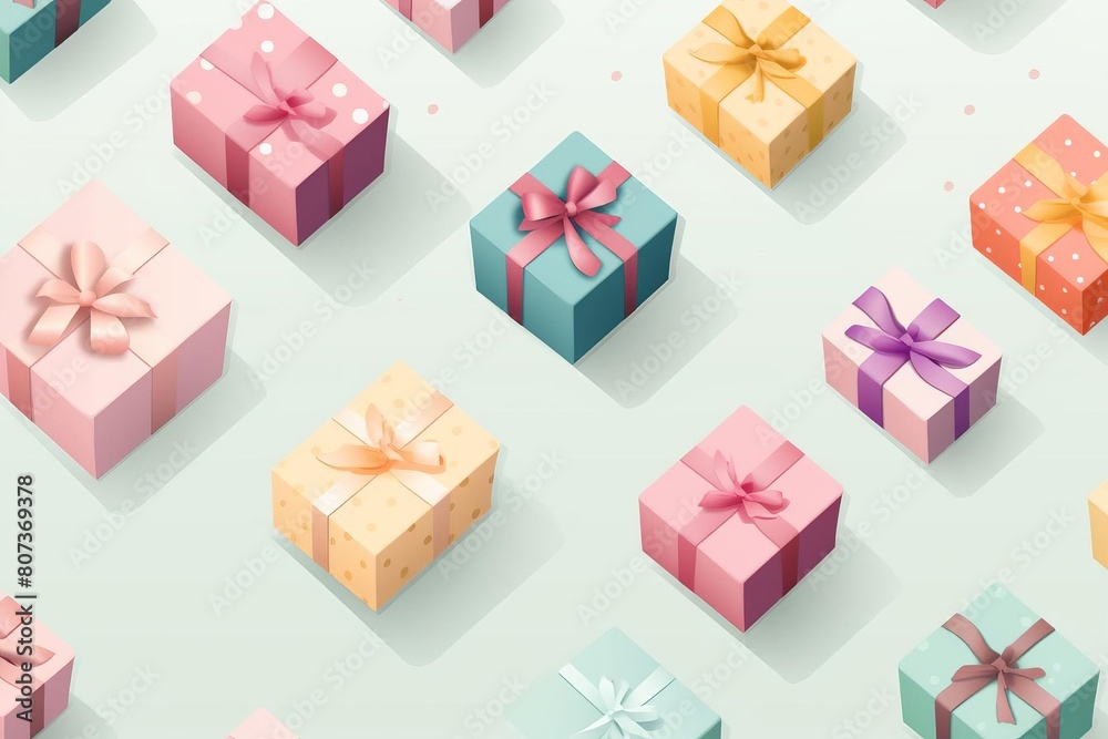 A row of colorful boxes with bows on them A row of colorful boxes with bows on them