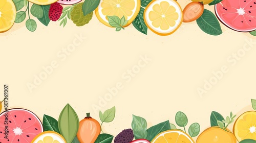 A colorful fruit and vegetable border with a variety of fruits