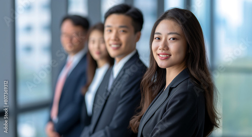 Professional Asian business team in modern office setting.