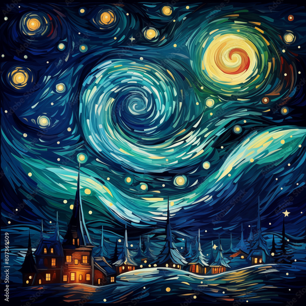 Vibrant Van Gogh style illustration with swirling night sky and colorful landscape